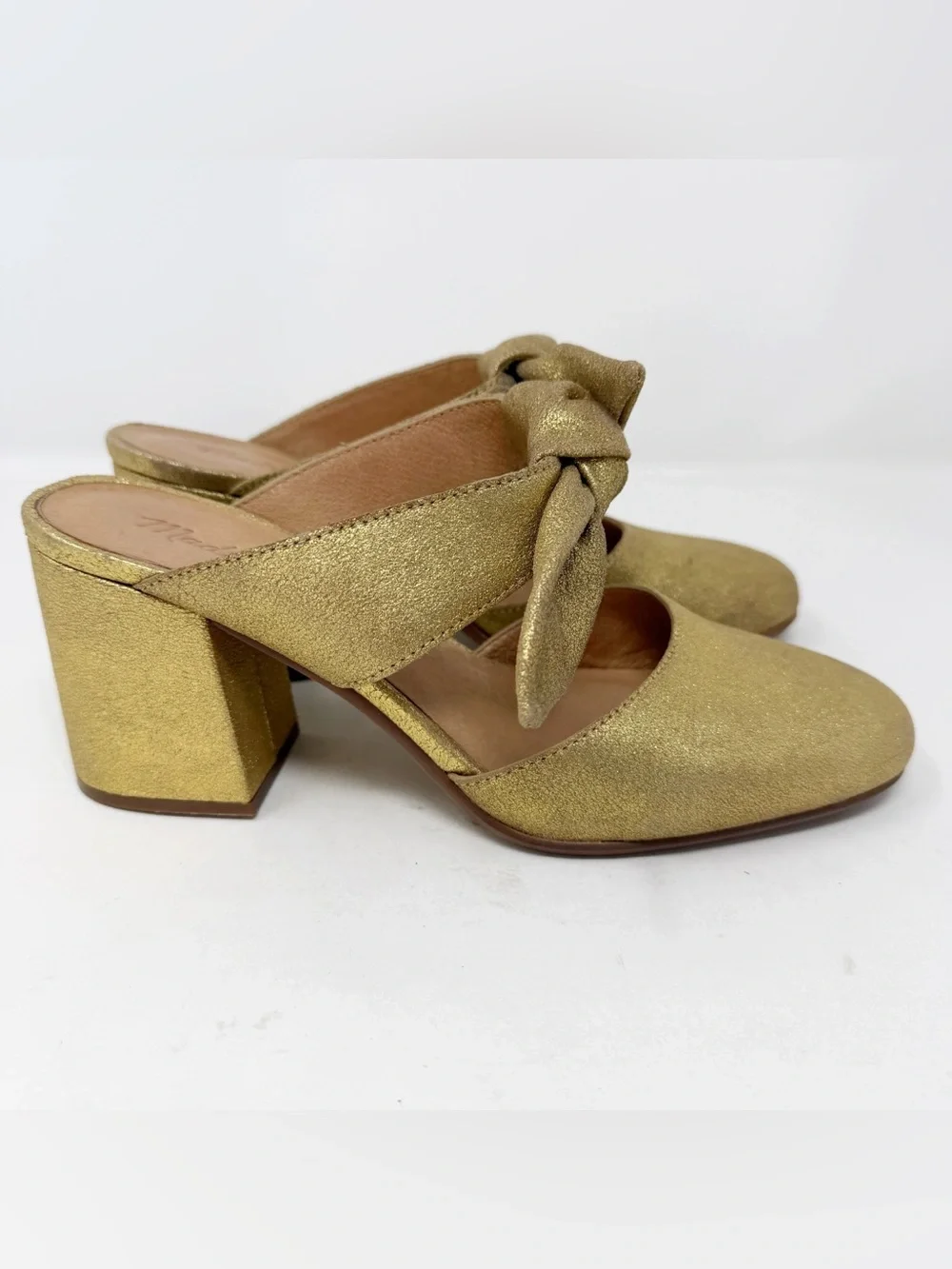 Madewell Gold Metallic Knot Mule Heels Block Heel Slip On Sandals Womens 7.5